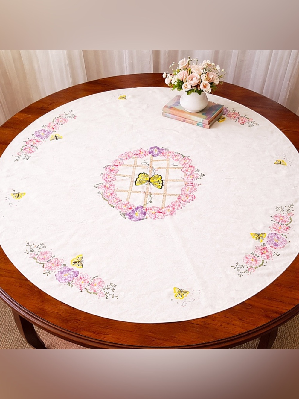 Vintage hand embroidery  Floral & Butterfly Round Tablecloth cottage farmhouse